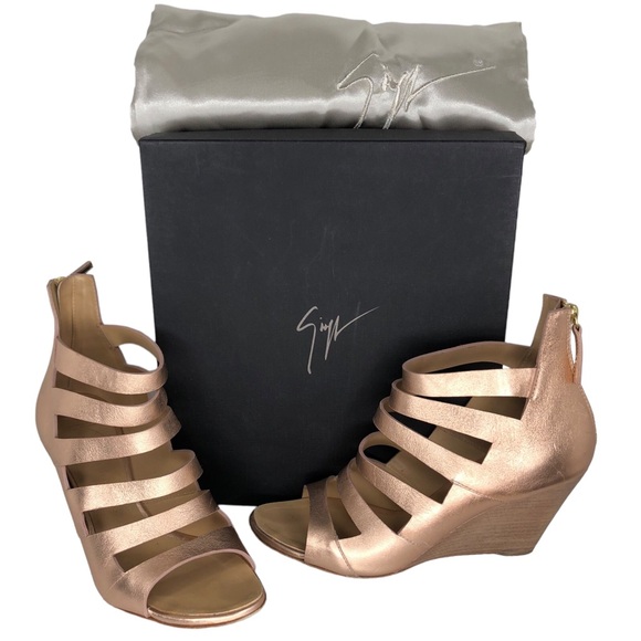 Giuseppe Zanotti Metallic Rose Gold Strappy Cutout Wedge Leather Sandals